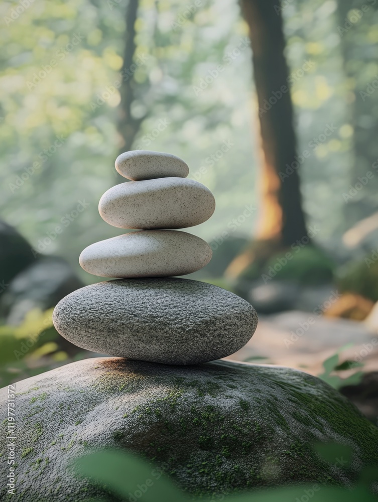 Stones stacked in serene forest setting Stones stacked in serene forest setting