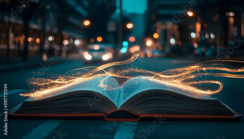 Open book with glowing light trails symbolizing speed reading and learning innovation - photo