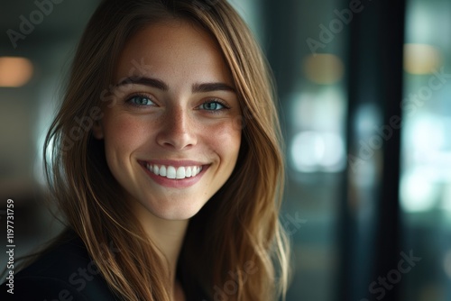 A woman with a smile in an office setting.