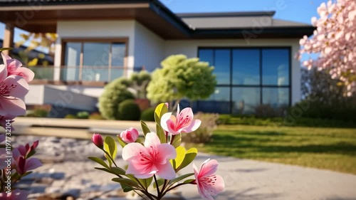 Blossoming cherry blossoms in front of modern home highlight spring vibrancy