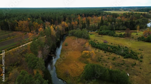 Aerial view of Czarna Hancza (Black Hancza) river. The Largest River Of The Suwalki Region Of North-Eastern Poland. photo