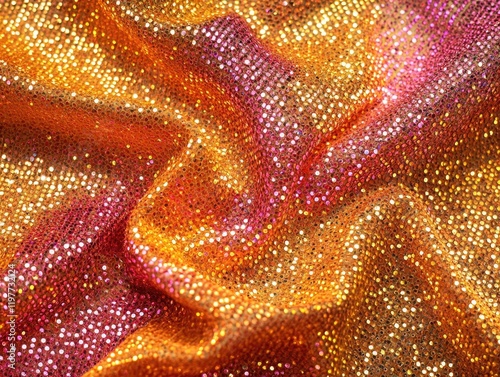 A close-up of glitzy gold sequins on a fabric background. Suitable for luxurious and sparkling fashion items.