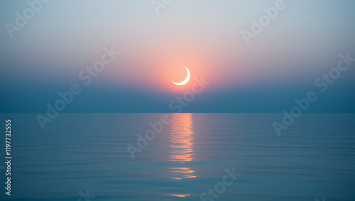 A serene, surreal scene of a glowing crescent moon emerging from a calm, reflective ocean photo