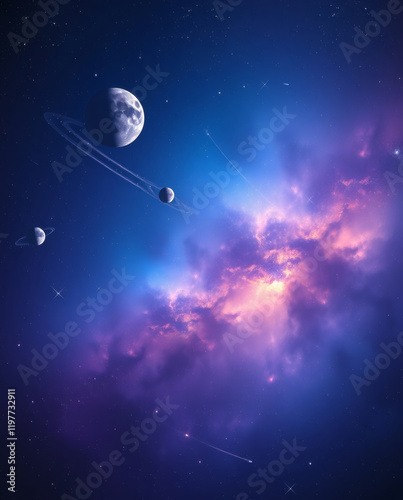 Vibrant cosmic dance of planets and nebulas in the depths of space at twilight photo