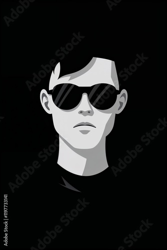 Portrait of a cool young guy wearing black sunglasses. Flat design illustration of a hacker