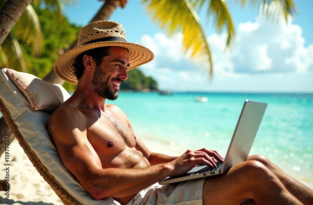 Fototapeta premium Close-up. A man works on a laptop on the beach, lying on a hammock with a stunning view of the sea.