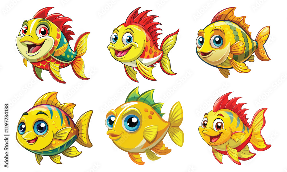 Cute happy yellow fish with expressive eyes and colorful vector art design. Perfect for print items and bags, poster, mug, sticker, t shirt, template, banner. Isolated on black background. Cute happy yellow fish with expressive eyes and colorful vector art design. Perfect for print items and bags, poster, mug, sticker, t shirt, template, banner. Isolated on black background.