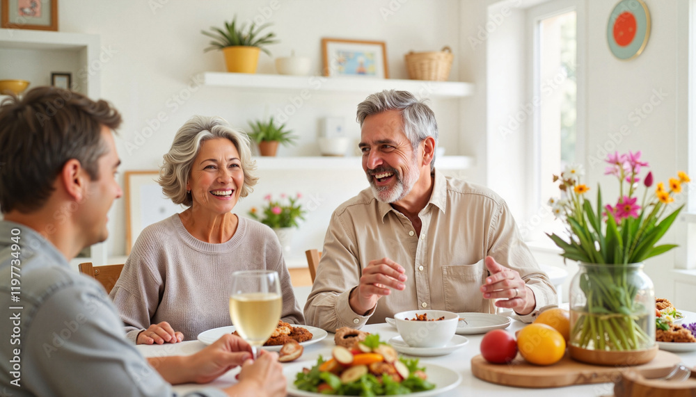 Cheerful parents laughing with couple at dining table, family bonding Cheerful parents laughing with couple at dining table, family bonding
