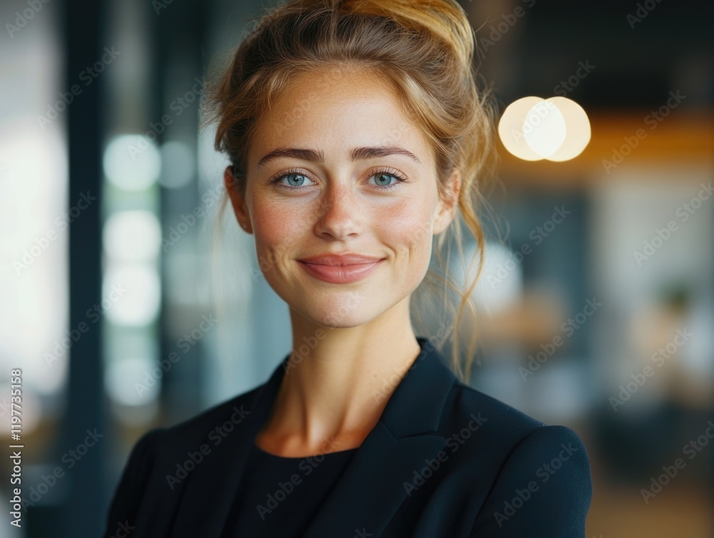 Woman in business attire smiling confidently in an office environment. Woman in business attire smiling confidently in an office environment.