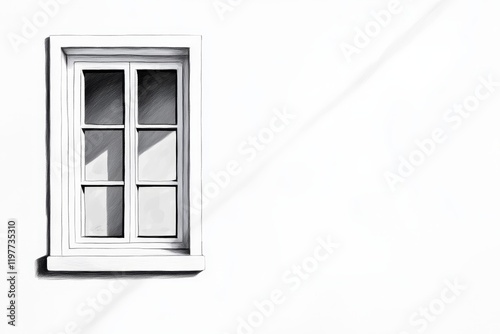 White Wall Single Window - A single window on a white wall, sunlight casts shadows on the panes. Minimalist architectural detail.