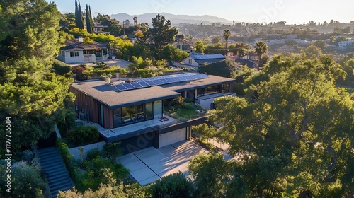 Aerial View of a Luxurious Modern Home with Solar Panels in a Hillside Neighborhood