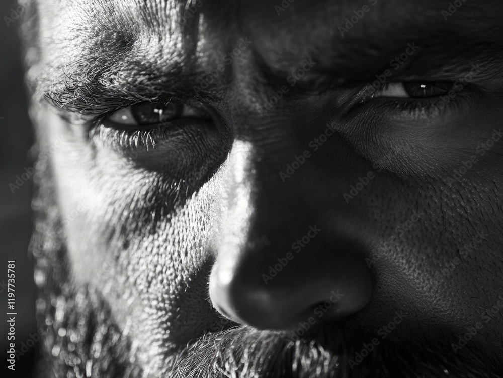 Naklejka premium Man with beard and intense gaze looking up.