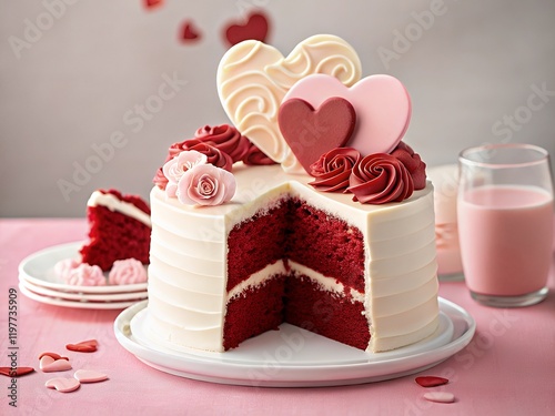 Romantic Red Velvet Cake with Chocolate Hearts for Valentines Day