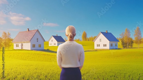 Woman Choosing a New Home - A woman stands in a field, contemplating three houses in the distance, representing a decision about homeownership. photo