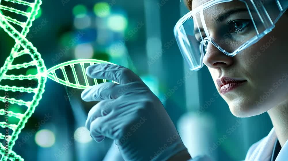 A scientist wearing gloves and goggles, carefully tracing the strands of a holographic DNA helix with their hand in a pristine lab illuminated by soft green and blue lighting