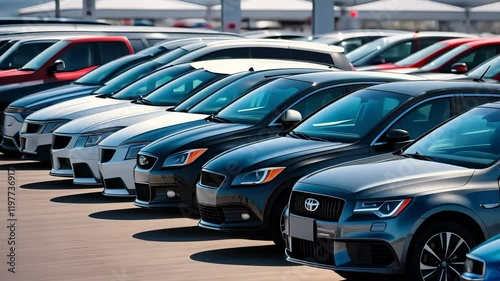 Sleek new cars in dealership lot with shimmering sunlight reflections