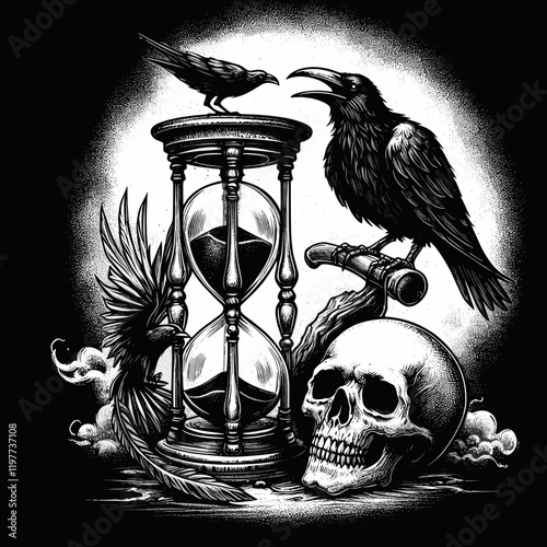 Hourglass, raven and a skull, gothic illustration 