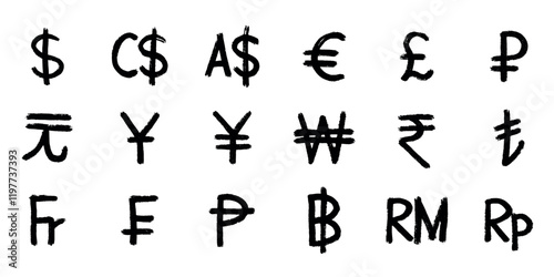 Hand drawn currency symbol set Dollar euro pound ruble yuan yen won rupee lira franc peseta baht ringgit rupiah