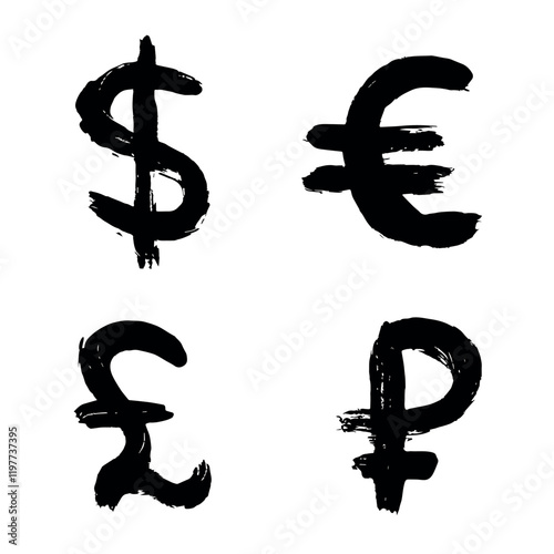 Hand drawn multiple currencies symbol set Dollar euro pound ruble