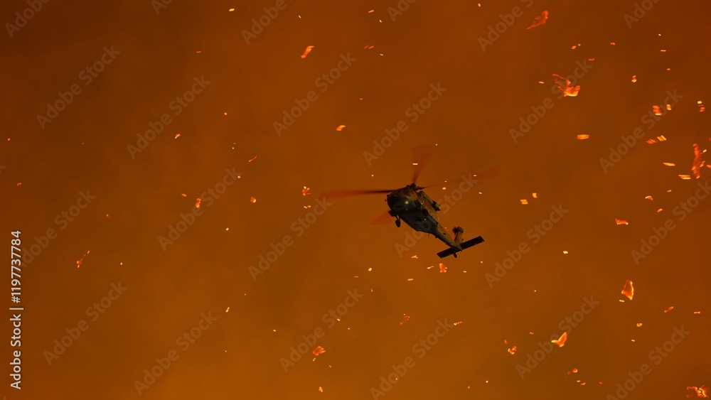 Helicopter battles Los Angeles wildfire amid intense smoke and flames during wildfire season
