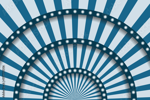 Circus stage with blue lines and spotlights. Paper cut circus panel. Vector illustration