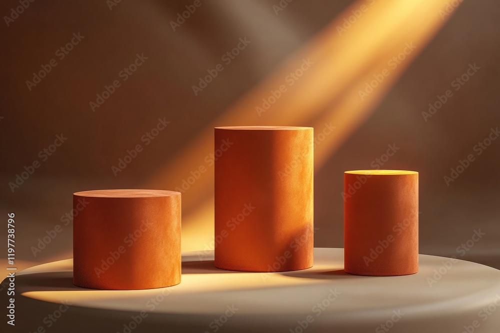 Three Orange Cylinders on Beige Platform Three Orange Cylinders on Beige Platform
