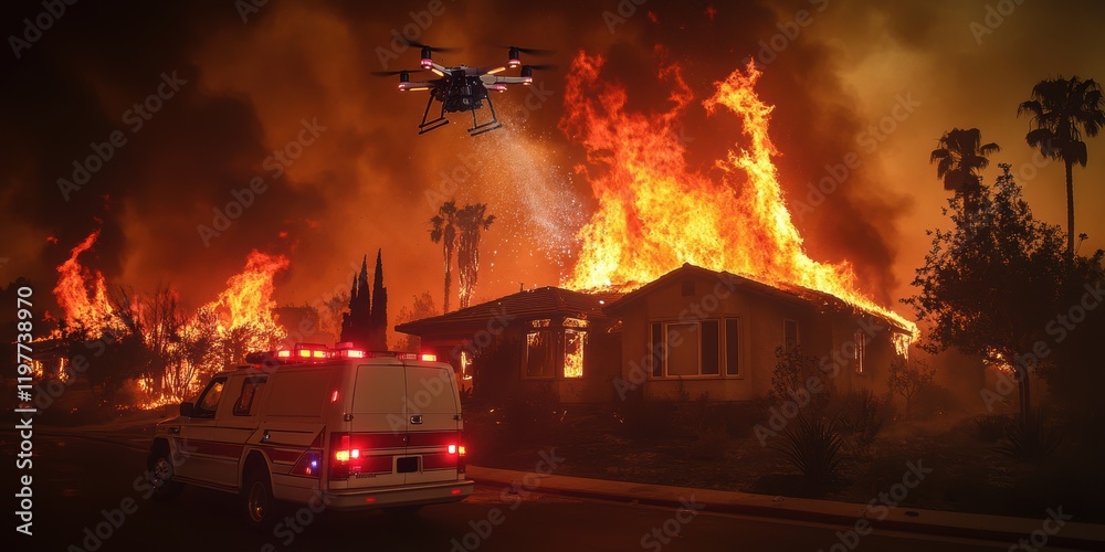 A fire rescue vehicle and a firefighting drone working together to control a house fire in a residential area A fire rescue vehicle and a firefighting drone working together to control a house fire in a residential area
