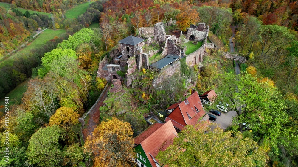 Aerial view ruins of old castle. Ruin of Hohnstein Castle, Harz mountains, Germany.