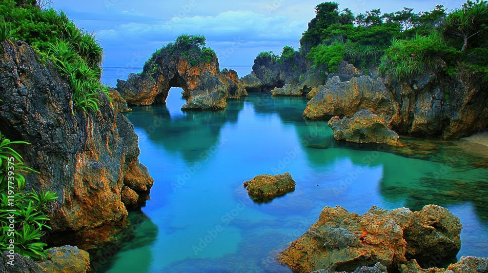 Tropical cove sunrise, calm water, rock formations, island beach, travel Tropical cove sunrise, calm water, rock formations, island beach, travel