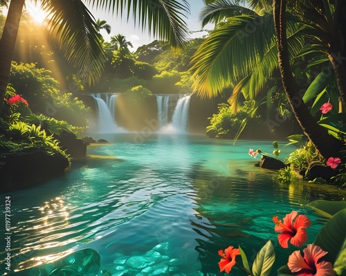 Lush greens, turquoise waters, and bursts of tropical flowers shimmer under golden sunlight, with palm fronds and waterfalls adding an exotic, refreshing charm. photo