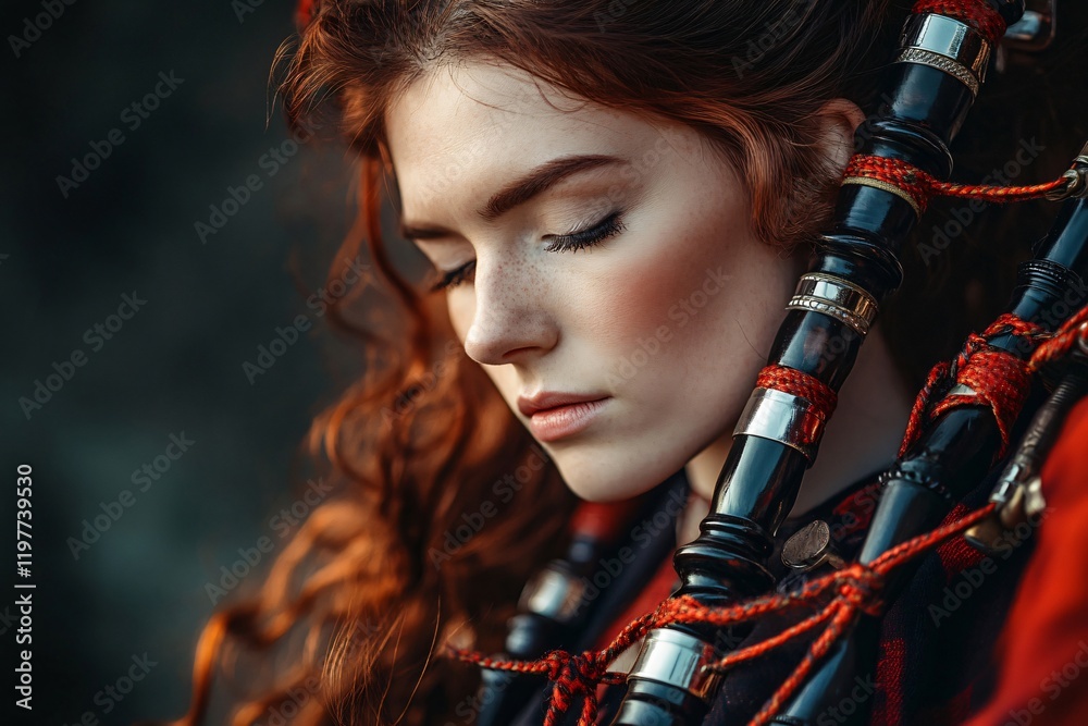 Young red haired woman playing bagpipes with closed eyes, immersed in traditional scottish music Young red haired woman playing bagpipes with closed eyes, immersed in traditional scottish music