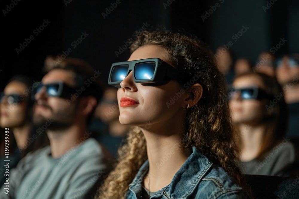 Spectators enjoying a 3d film projection, wearing 3d glasses, in a movie theater Spectators enjoying a 3d film projection, wearing 3d glasses, in a movie theater