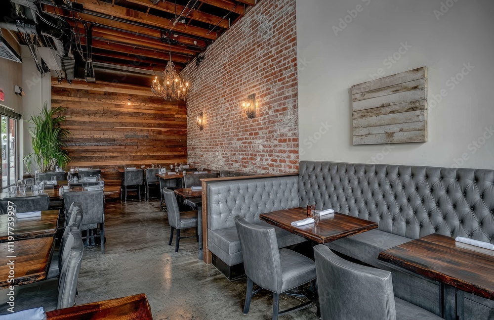 A modern, rustic restaurant interior with grey sofas and dark wood tables. The back wall features a grey fabric sofa bench A modern, rustic restaurant interior with grey sofas and dark wood tables. The back wall features a grey fabric sofa bench