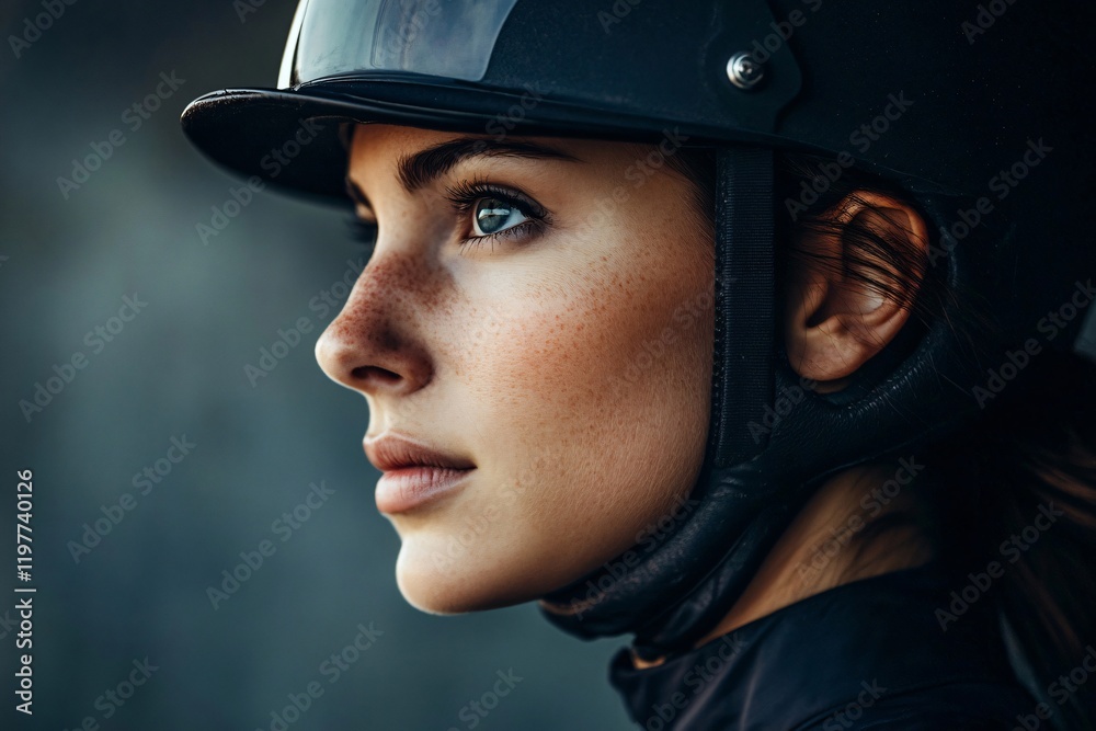 Profile of a determined woman jockey wearing a helmet, her face showing concentration and focus as she prepares for a race Profile of a determined woman jockey wearing a helmet, her face showing concentration and focus as she prepares for a race