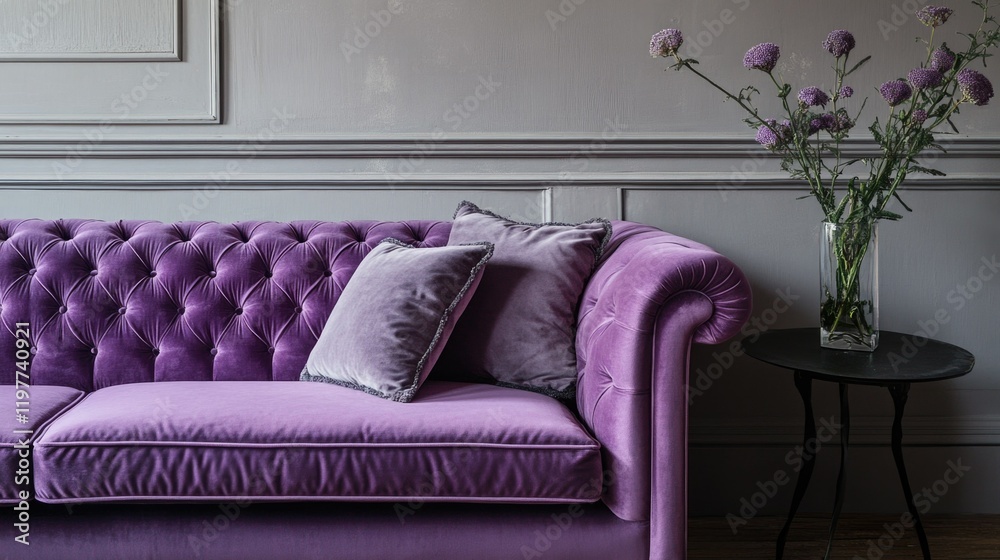 Obraz premium Vibrant Purple Velvet Sofa in Modern Living Room