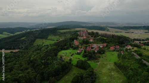 Aerial view of Ruins of Hanstein Castle in Germany. The old Hanstein Castle near Rimbach Bornhagen in Germany. Hig definition 4K video. photo