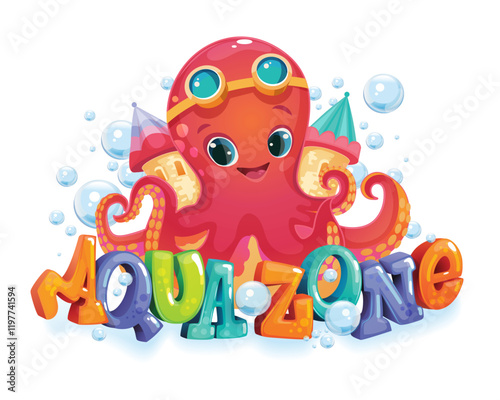 Cartoon kids illustration Aqua zone colorful inscription and character funny octopus baby on sand castle. isolated white background