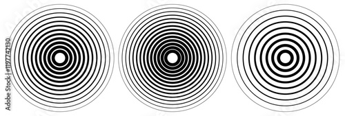 Circle black earthquake icon set. Round vibration graphic or black alert radar. Radio signal. Symbol of waveform burst rays. Concentric circles isolated on white background. Concentric circulation. 77