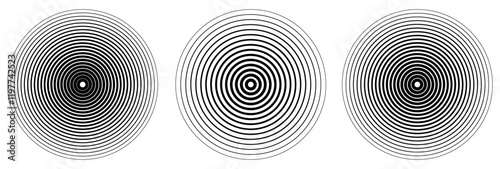 Circle black earthquake icon set. Round vibration graphic or black alert radar. Radio signal. Symbol of waveform burst rays. Concentric circles isolated on white background. Concentric circulation. 77