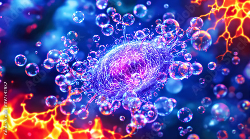 Vibrant Microscopic Life: Stunning Visual of a Cell Amidst Dynamic Chemical Reactions photo