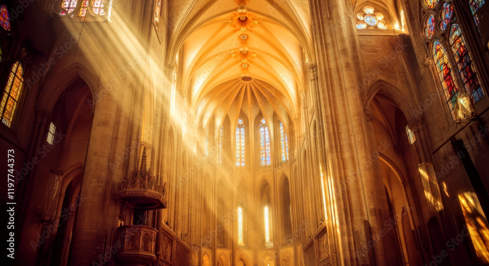 Naklejka premium Gothic Cathedral Interior Bathed in Golden Sunlight Through Stained Glass