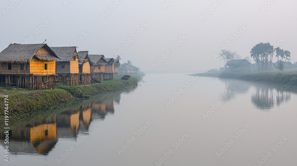 Obraz premium Misty river village houses reflection sunrise tourism