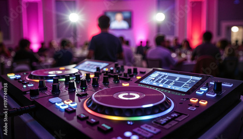 DJ equipment setup at wedding fair booth, vibrant event ambiance, Wedding Fair Visits