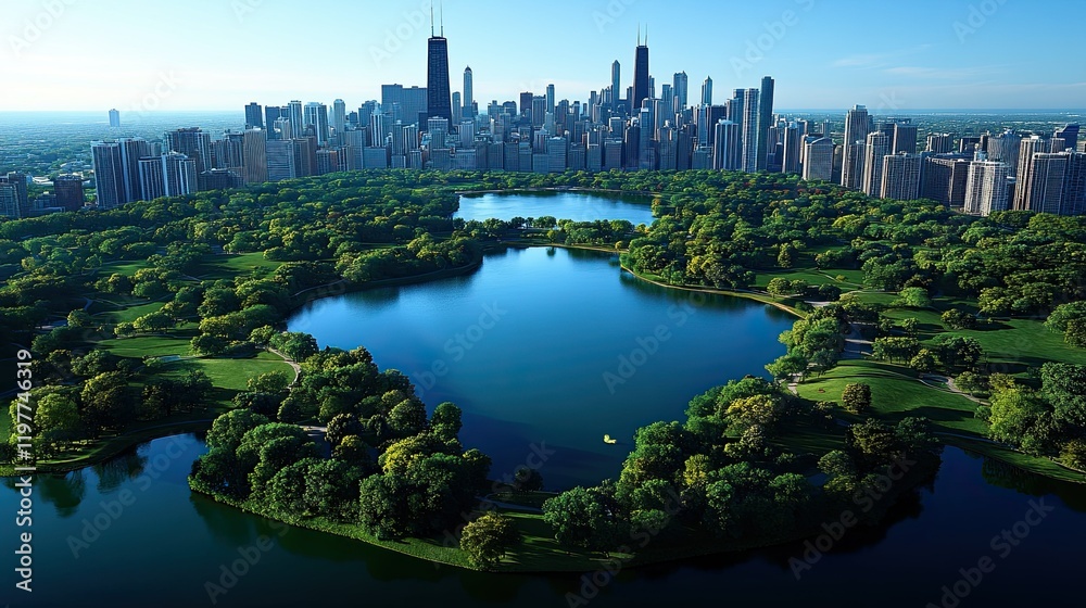 Fototapeta premium Chicago Skyline, Park Aerial, Lake, Cityscape, Green, Travel, Tourism, Sunrise