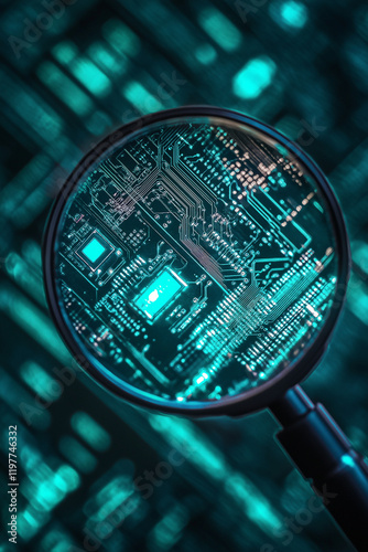 Lupe auf einem grünen Schaltkreis: Detailreiche Ansicht der Technologie

