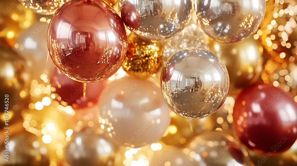 Close-up of shiny, metallic Christmas ornaments in rose gold, champagne, and gold. Sparkling lights create a festive backdrop. Perfect for holiday decorations or winter celebrations. Close-up of shiny, metallic Christmas ornaments in rose gold, champagne, and gold. Sparkling lights create a festive backdrop. Perfect for holiday decorations or winter celebrations.