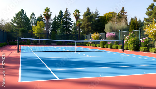 The tennis courts are immaculate with fresh white lines and the nets are in perfect condition