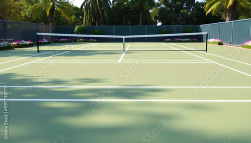 The tennis courts are immaculate with fresh white lines and the nets are in perfect condition