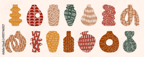 Abstract vases silhouette set with various doodle hand drawn geometric objects, patterns, textures. Handmade ceramic pots of bizarre shapes. Vector pottery illustration, trendy minimalist style.