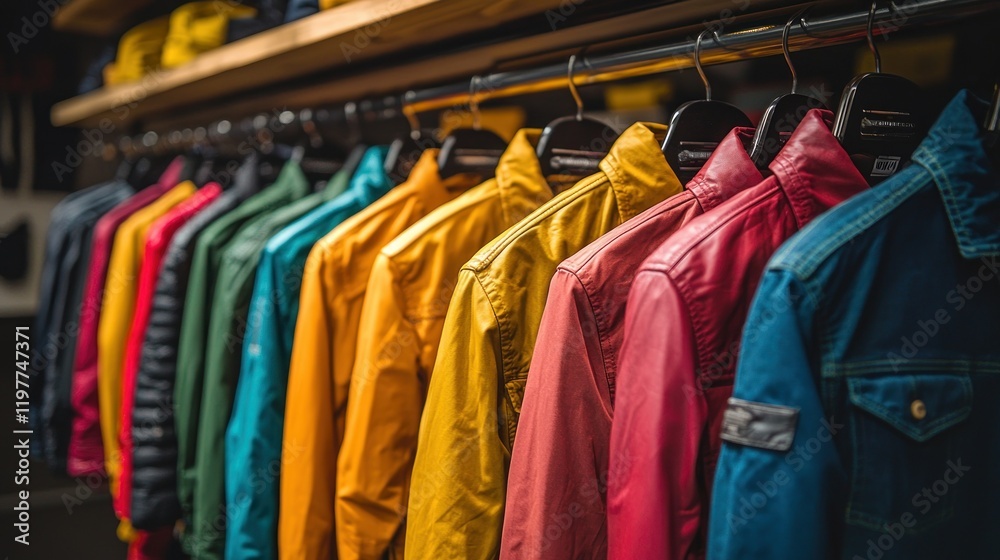Fototapeta premium Colorful jackets retail display, store background.